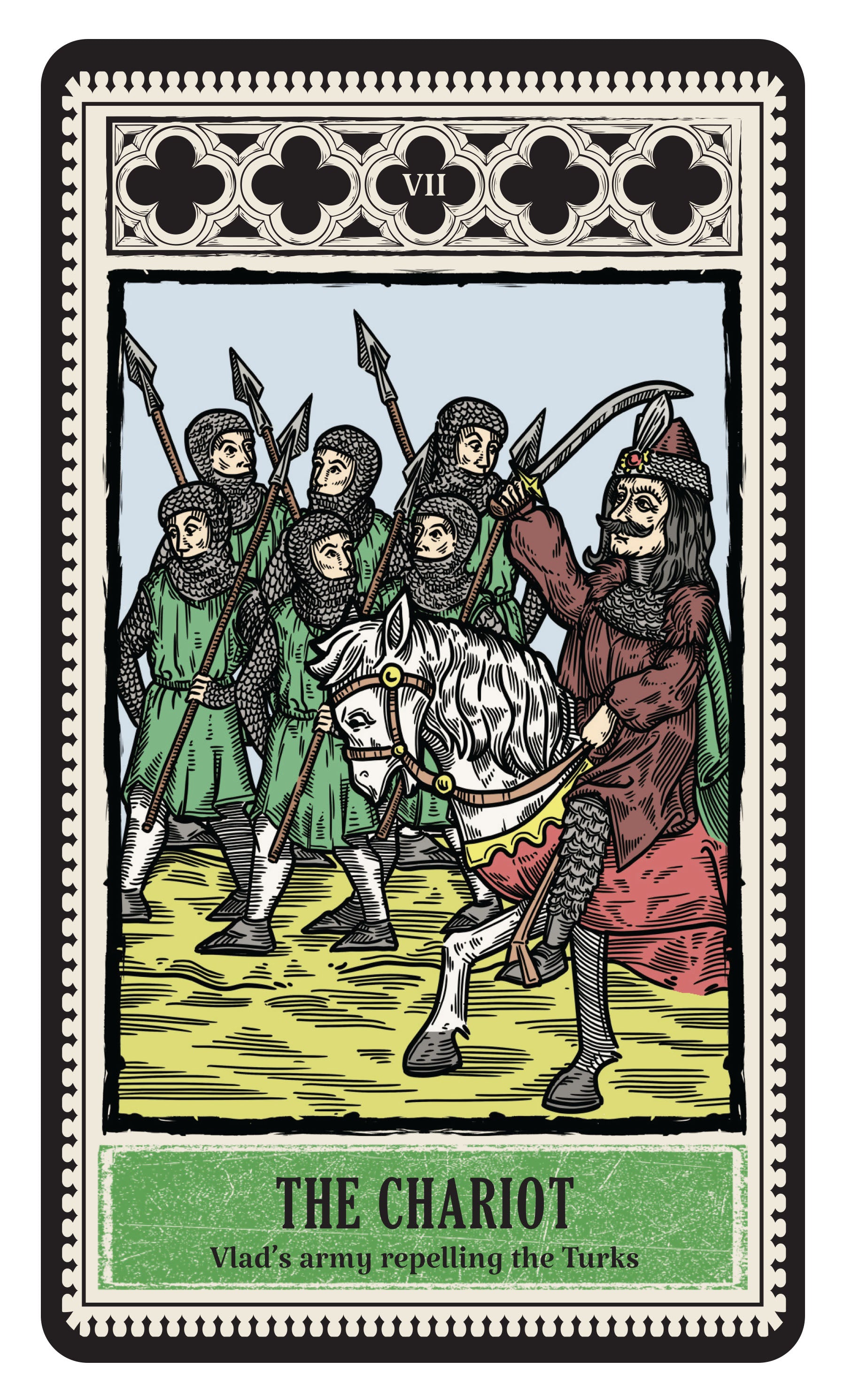 Tarot card titled 'The Chariot' with a warrior on a horse and soldiers behind him.