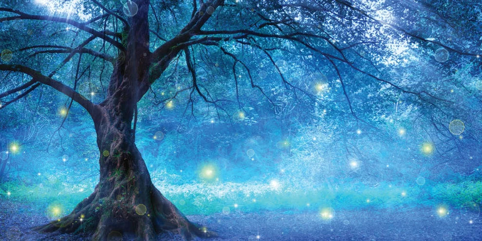 A magical fantasy forest scene featuring a large dark tree with sprawling branches under a glowing blue and teal sky filled with sparkling golden lights.