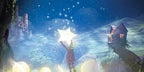 Fantasy scene with a person holding a glowing star-like object in a mystical landscape with houses and mountains.