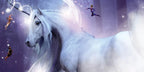 White unicorn with fairies in a fantasy forest