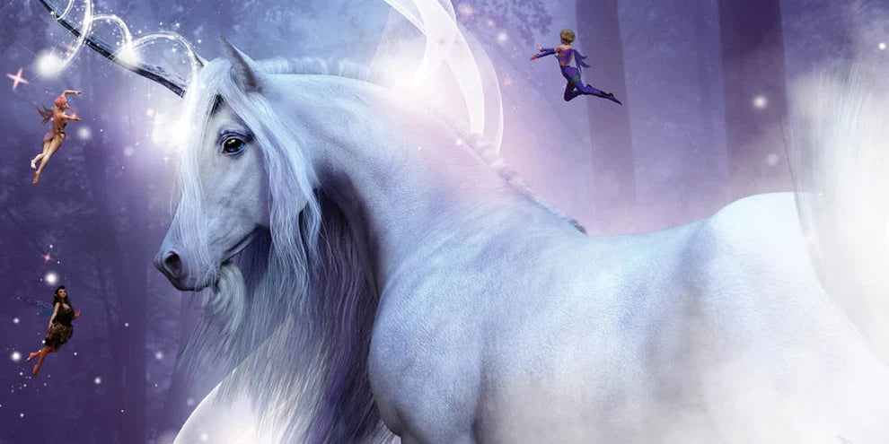 White unicorn with fairies in a fantasy forest
