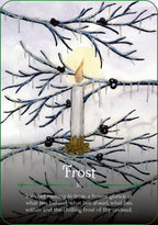 Frosty branch with candle and icy texture, featuring the word 'Frost'.