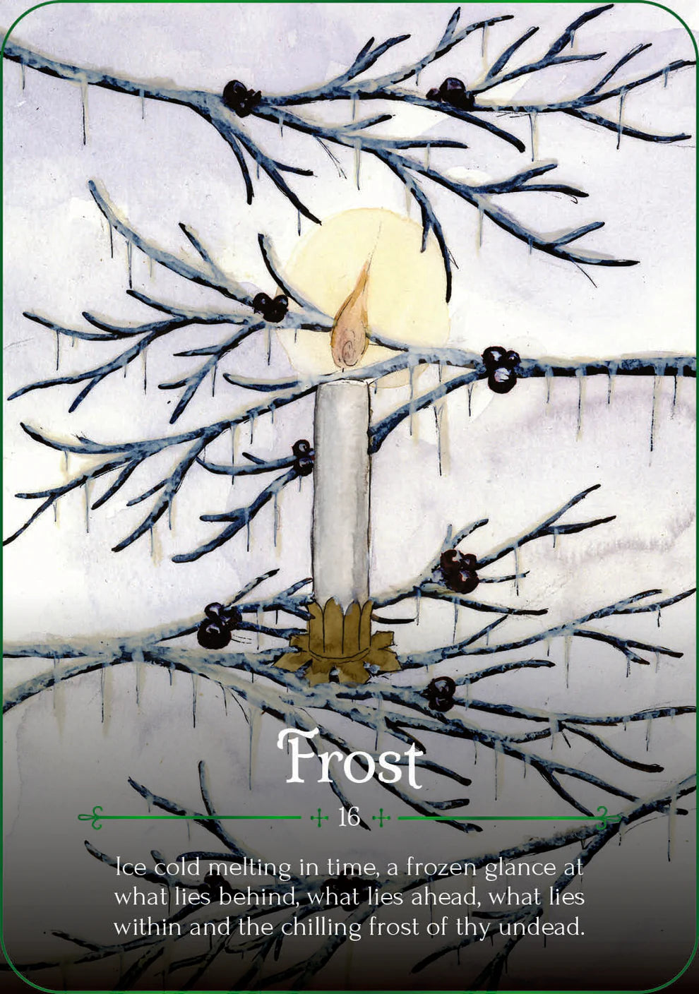 Frosty branch with candle and icy texture, featuring the word 'Frost'.