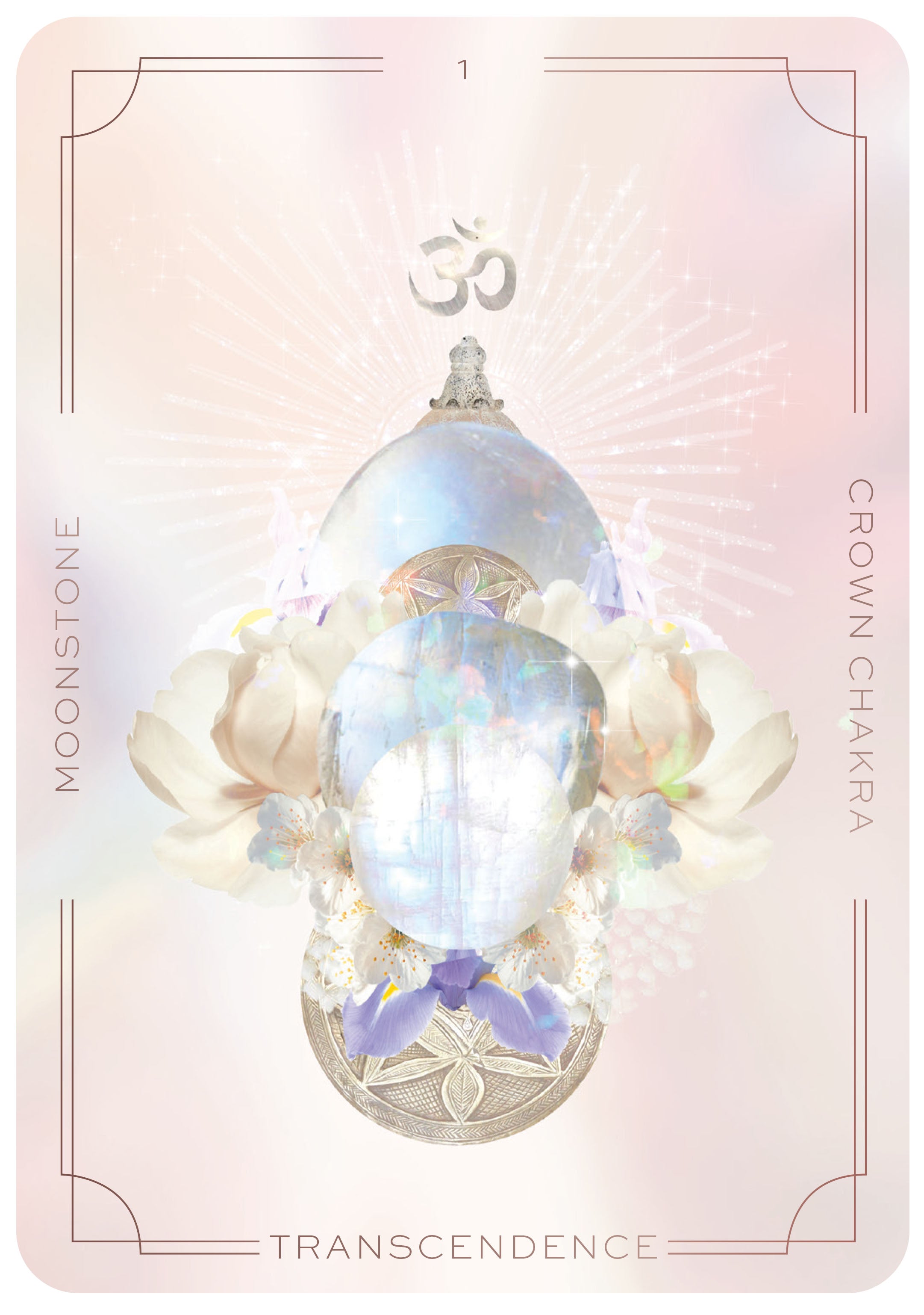 Crystal pendant with moonstone on a card featuring floral designs and spiritual symbols.