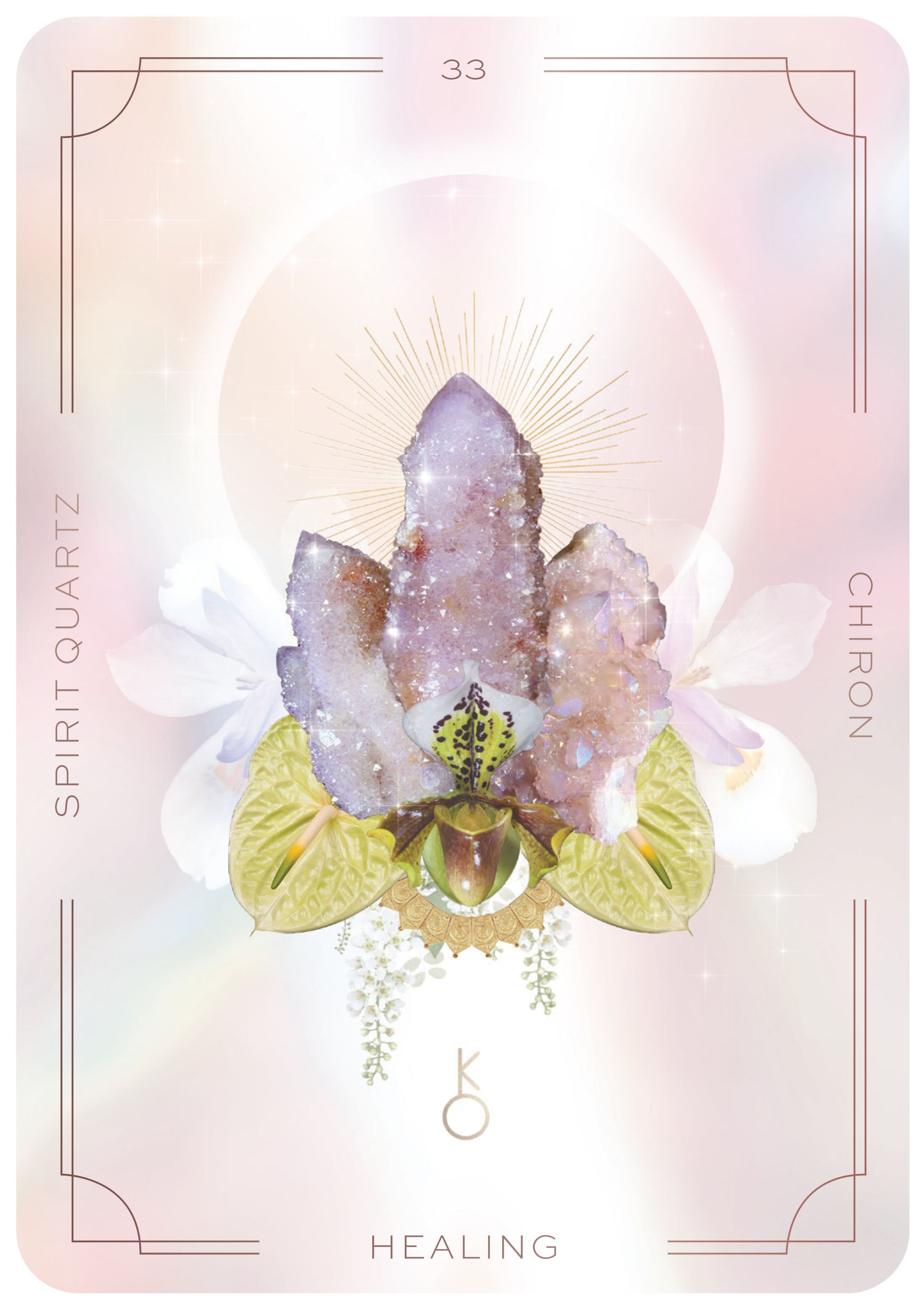Card with a crystal and flower design on a pastel background