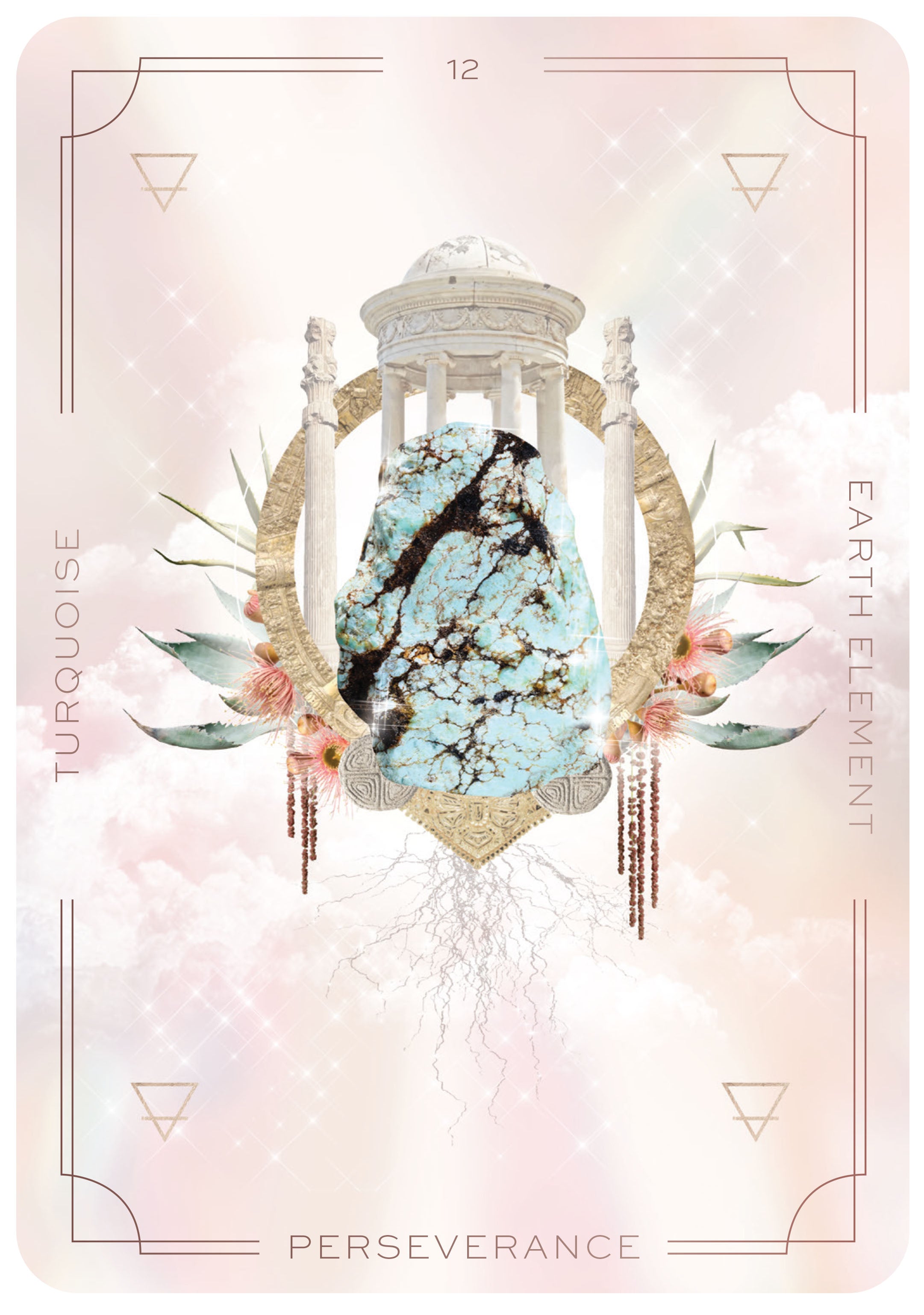 Card with turquoise stone, floral elements, and geometric design on a soft pink background