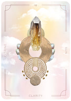 Decorative card with a citrine crystal and gold design on a soft, multicolored background.