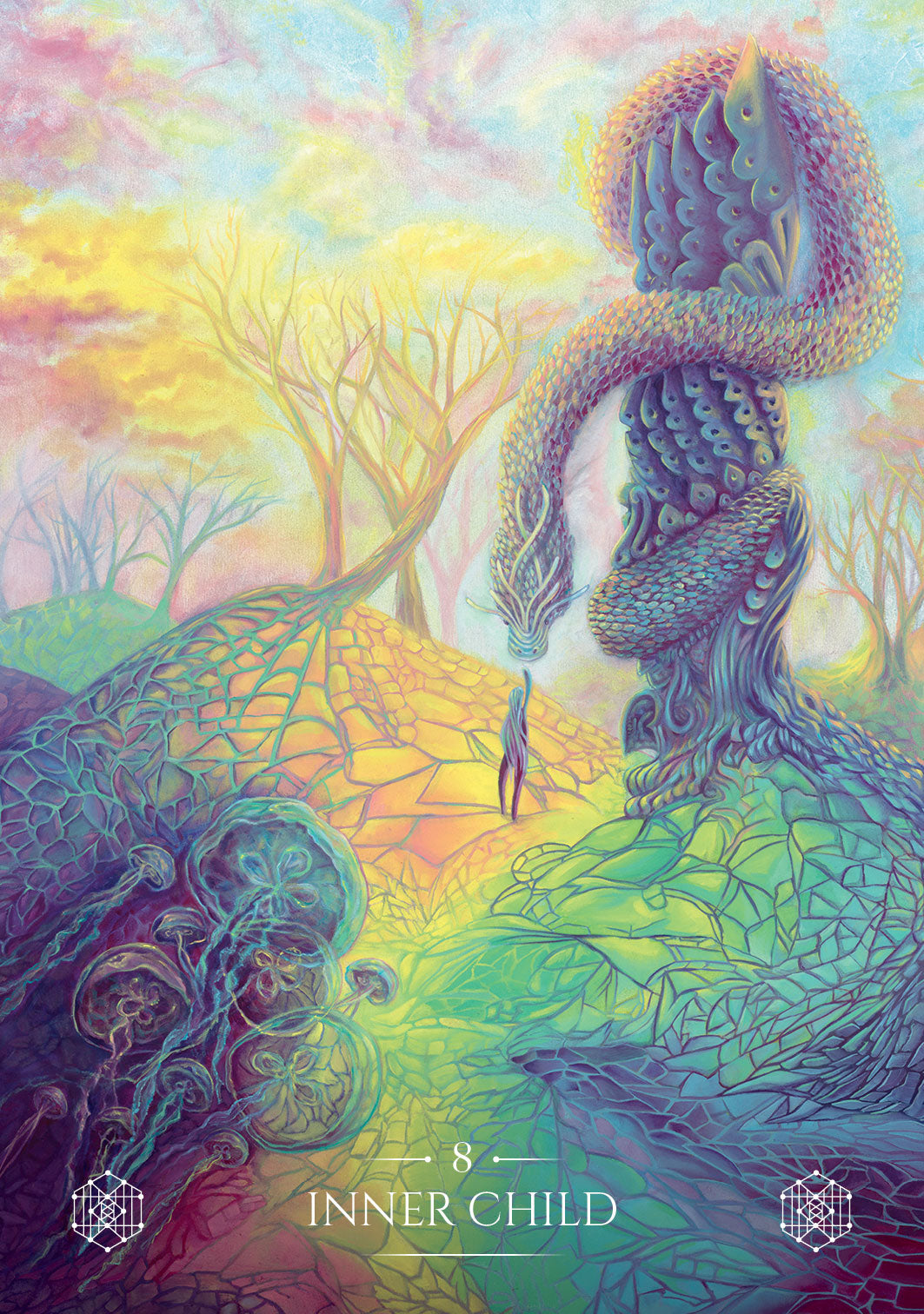 Colorful illustration of a dragon and a person in a mystical landscape with 'Inner Child' text.