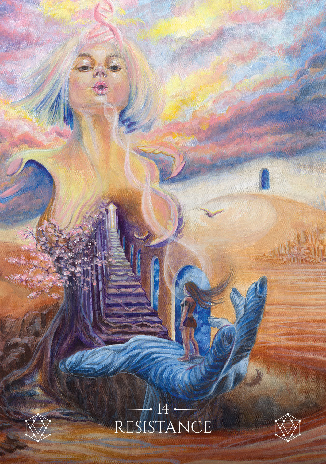 Artistic depiction of a woman with wings and a staircase, titled 'Resistance'.