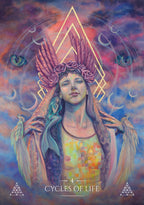 Artistic depiction of a woman with a headdress and colorful background, titled '4 Cycles of Life'.