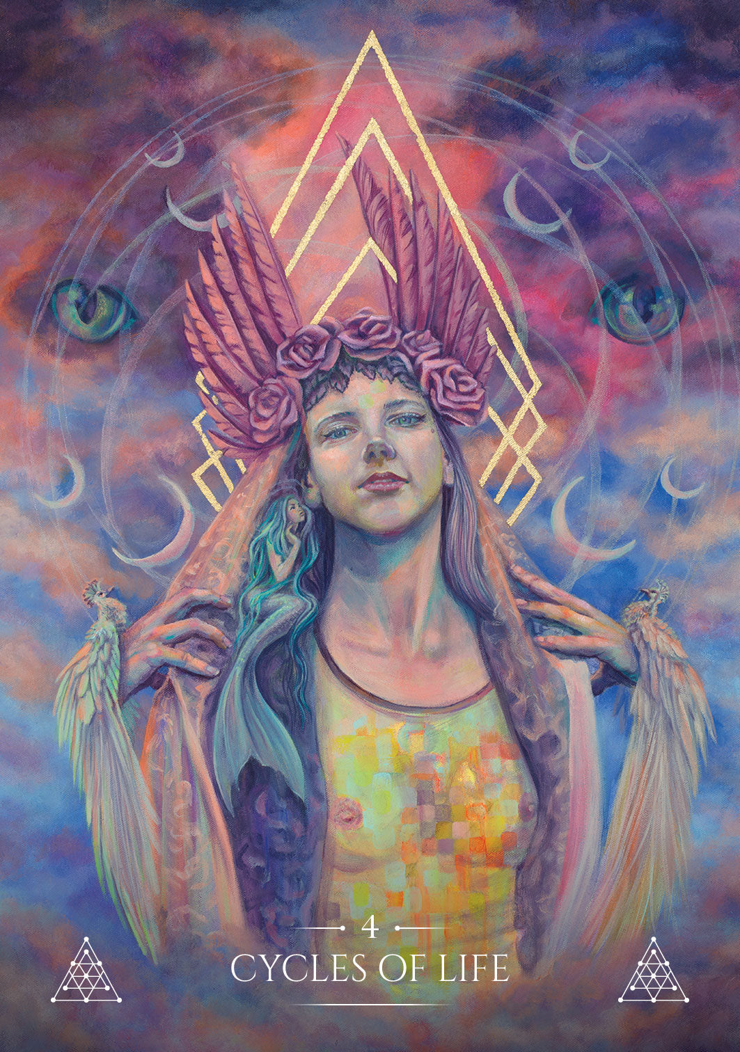 Artistic depiction of a woman with a headdress and colorful background, titled '4 Cycles of Life'.