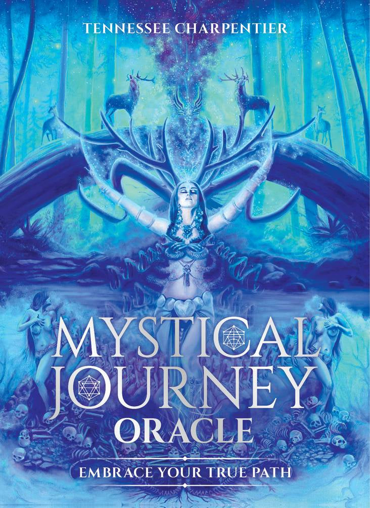 Book cover of 'Mystical Journey Oracle' with a blue and purple color scheme and a central figure.