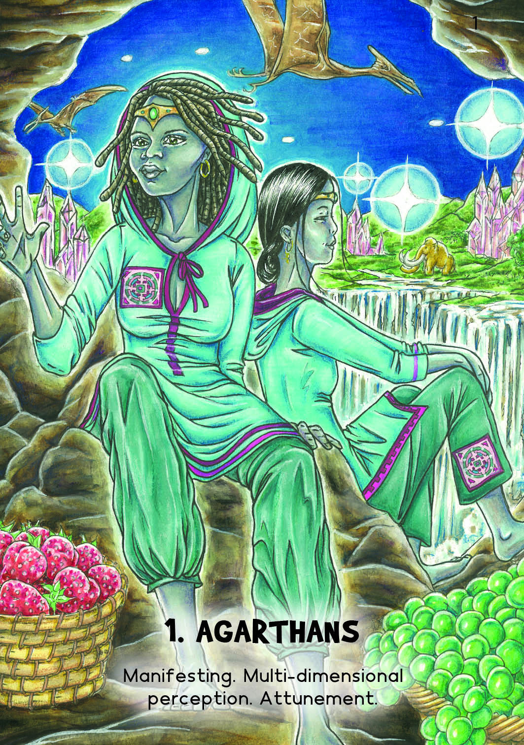 Illustration of two figures in a fantasy landscape with text about 'Agarthans' and their abilities.