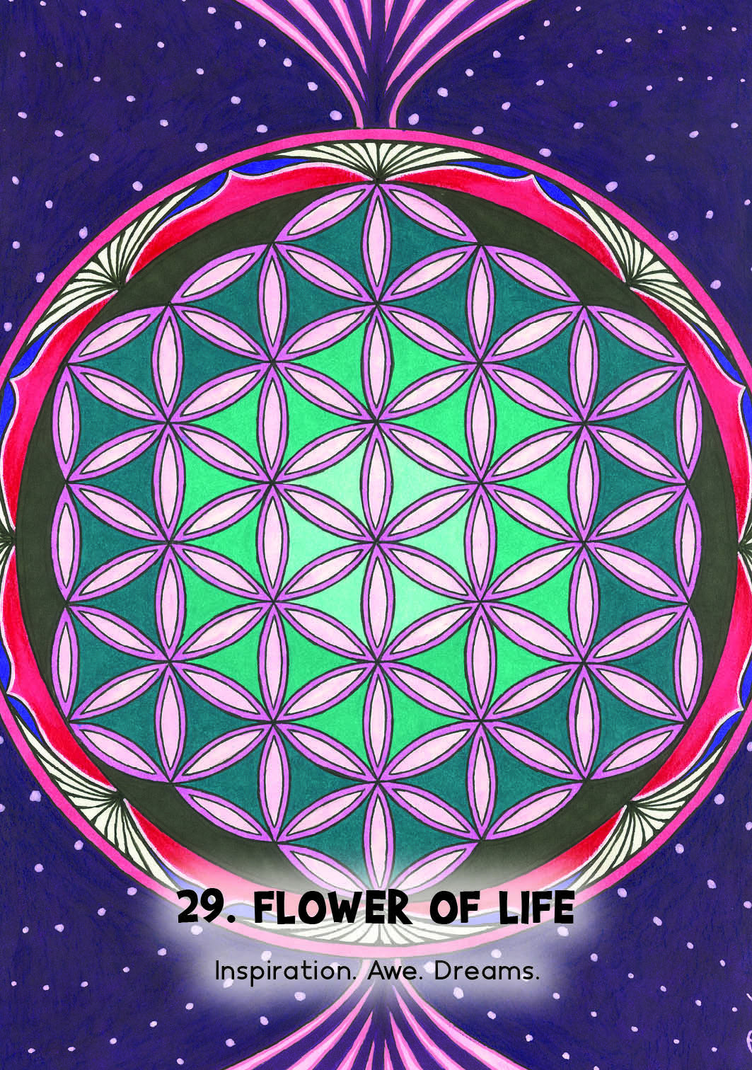 Flower of Life design with colorful patterns on a starry background