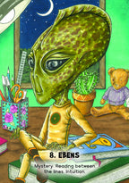Cartoon alien sitting on a book with a teddy bear and plants in a room.