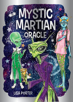 Book cover of 'Mystic Martian Oracle' with colorful alien illustrations against a space-themed background.