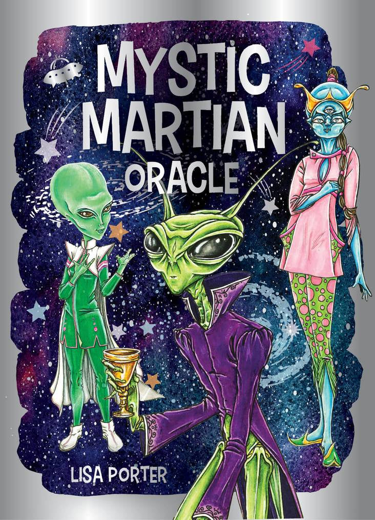 Book cover of 'Mystic Martian Oracle' with colorful alien illustrations against a space-themed background.