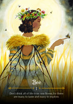 Illustration of a person with floral crown and yellow garment, surrounded by nature elements.