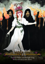 Illustration of a woman in a white dress with red hair, surrounded by figures holding flaming torches, titled 'Fire festival'.