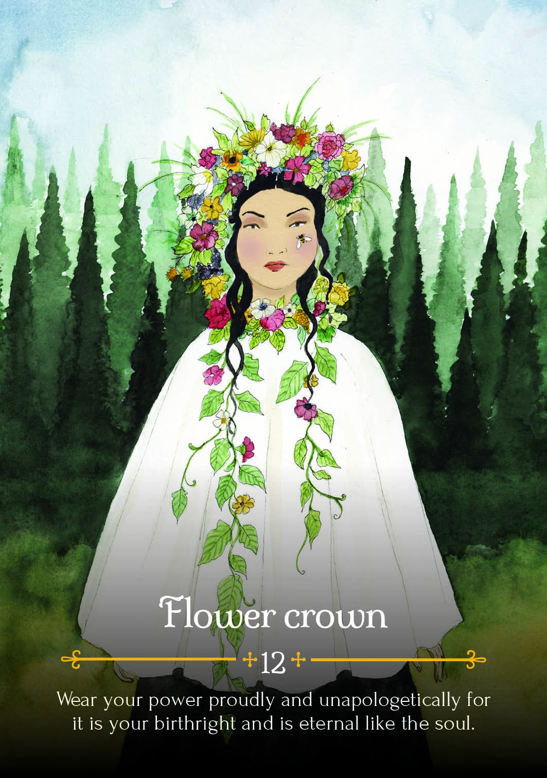 Illustration of a woman wearing a flower crown with text about wearing power proudly.