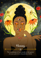 Illustration of a woman with flowers and a full moon in the background, with text 'Honey 18' and a quote.