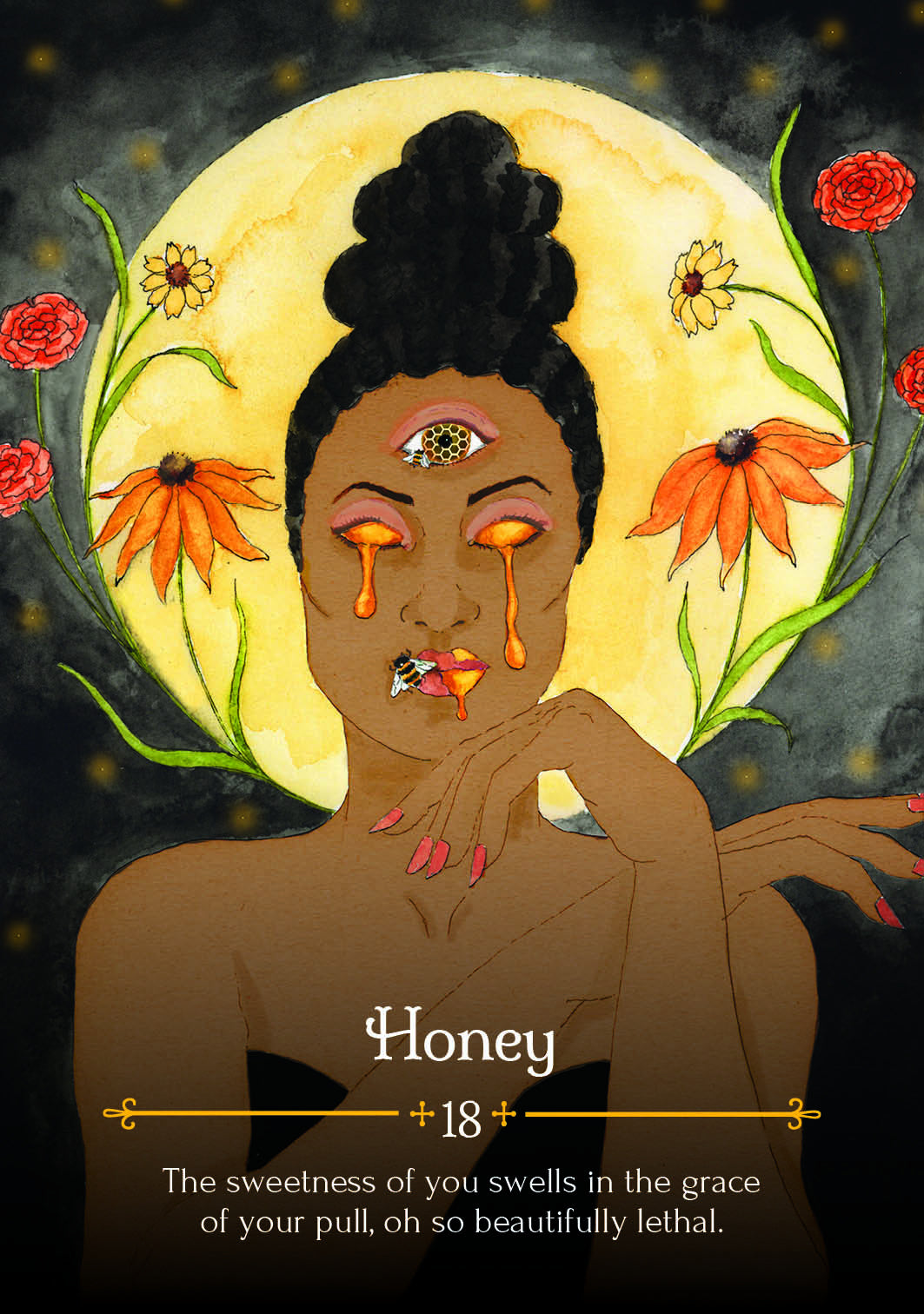 Illustration of a woman with flowers and a full moon in the background, with text 'Honey 18' and a quote.