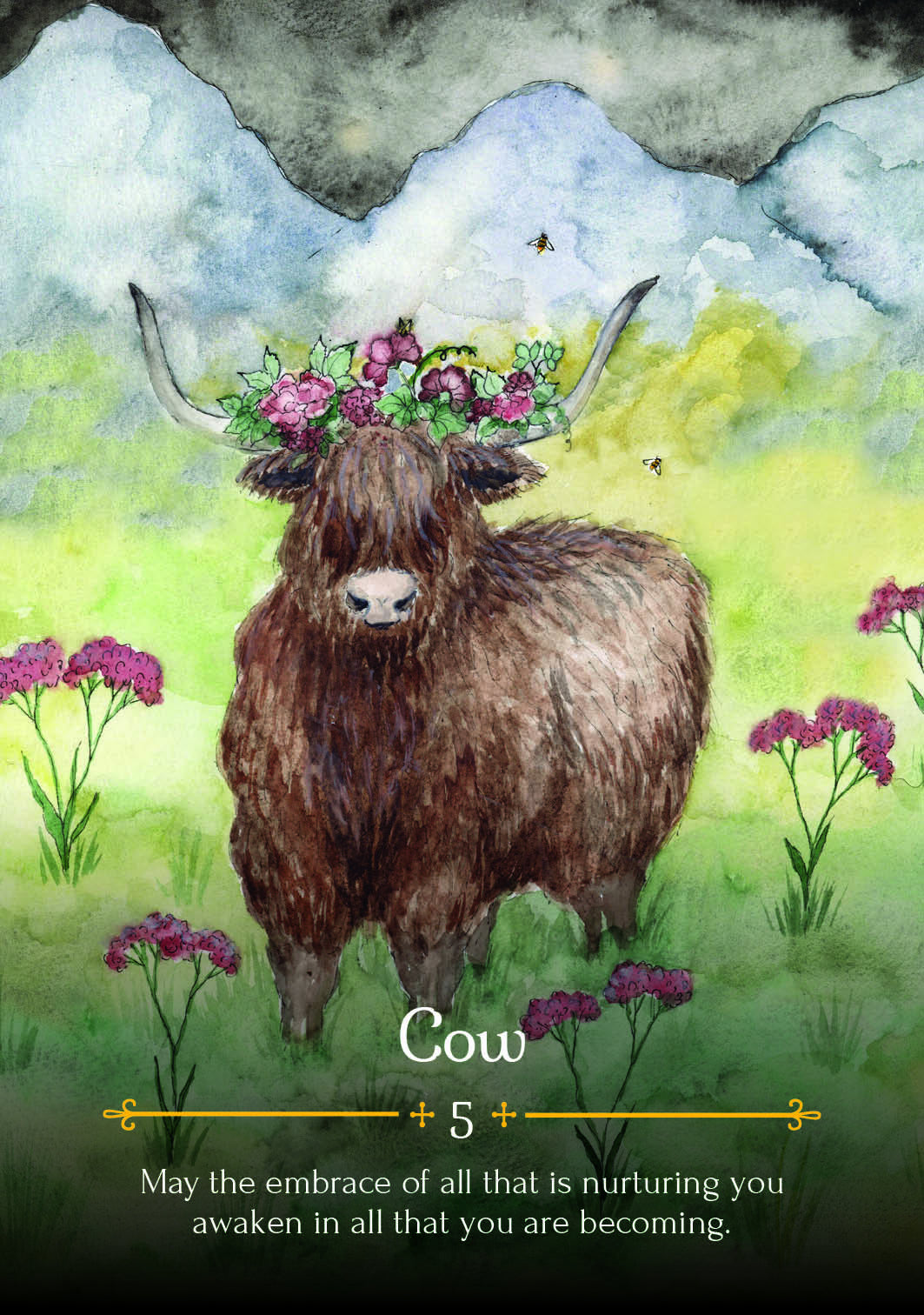 Illustration of a cow with flowers in a mountainous landscape