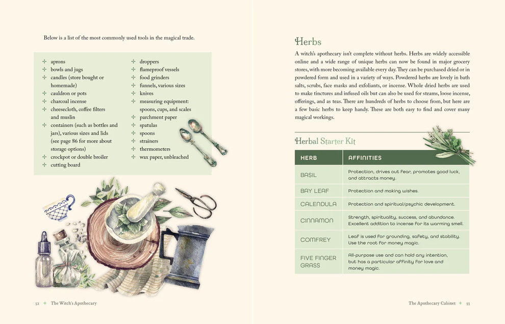 Page from a book or magazine featuring illustrations of herbs and tools with text on a white background.
