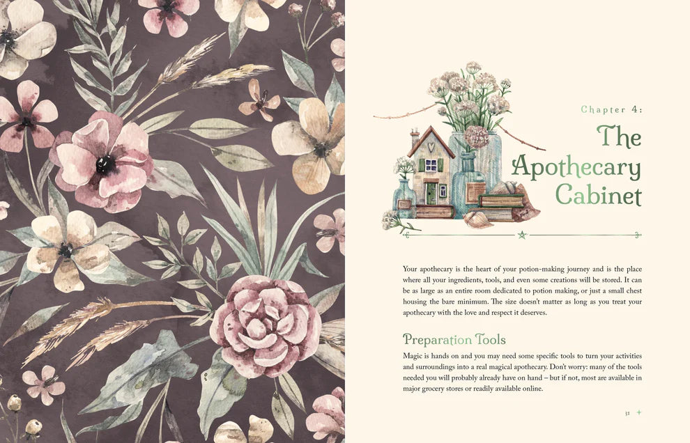 Floral pattern on one side and text on the other, with a small illustration of a house and flowers.