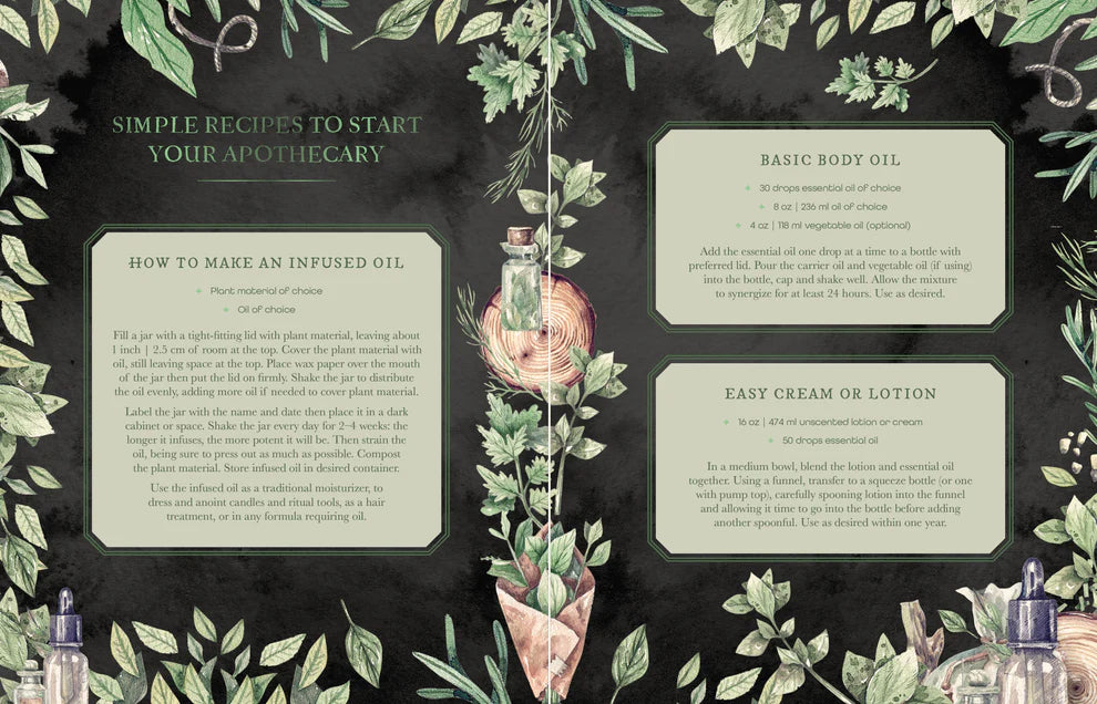 Herbal apothecary recipe card with green text on a black background