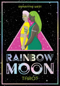 Book cover of 'Rainbow Moon Tarot' by Samantha West with two people holding hands against a starry background.
