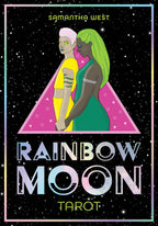 Book cover of 'Rainbow Moon Tarot' by Samantha West with two people holding hands against a starry background.