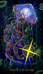 Colorful jellyfish illustration with star design against a cosmic background