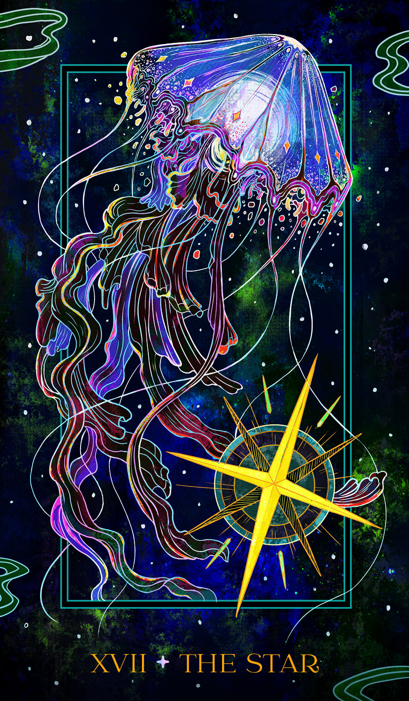Colorful jellyfish illustration with star design against a cosmic background