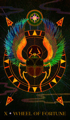 Decorative card titled 'Wheel of Fortune' with colorful design elements on a dark background.