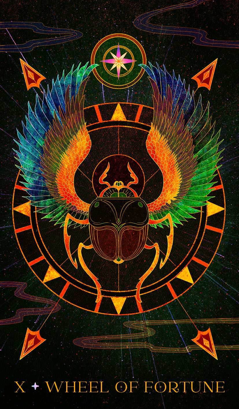 Decorative card titled 'Wheel of Fortune' with colorful design elements on a dark background.