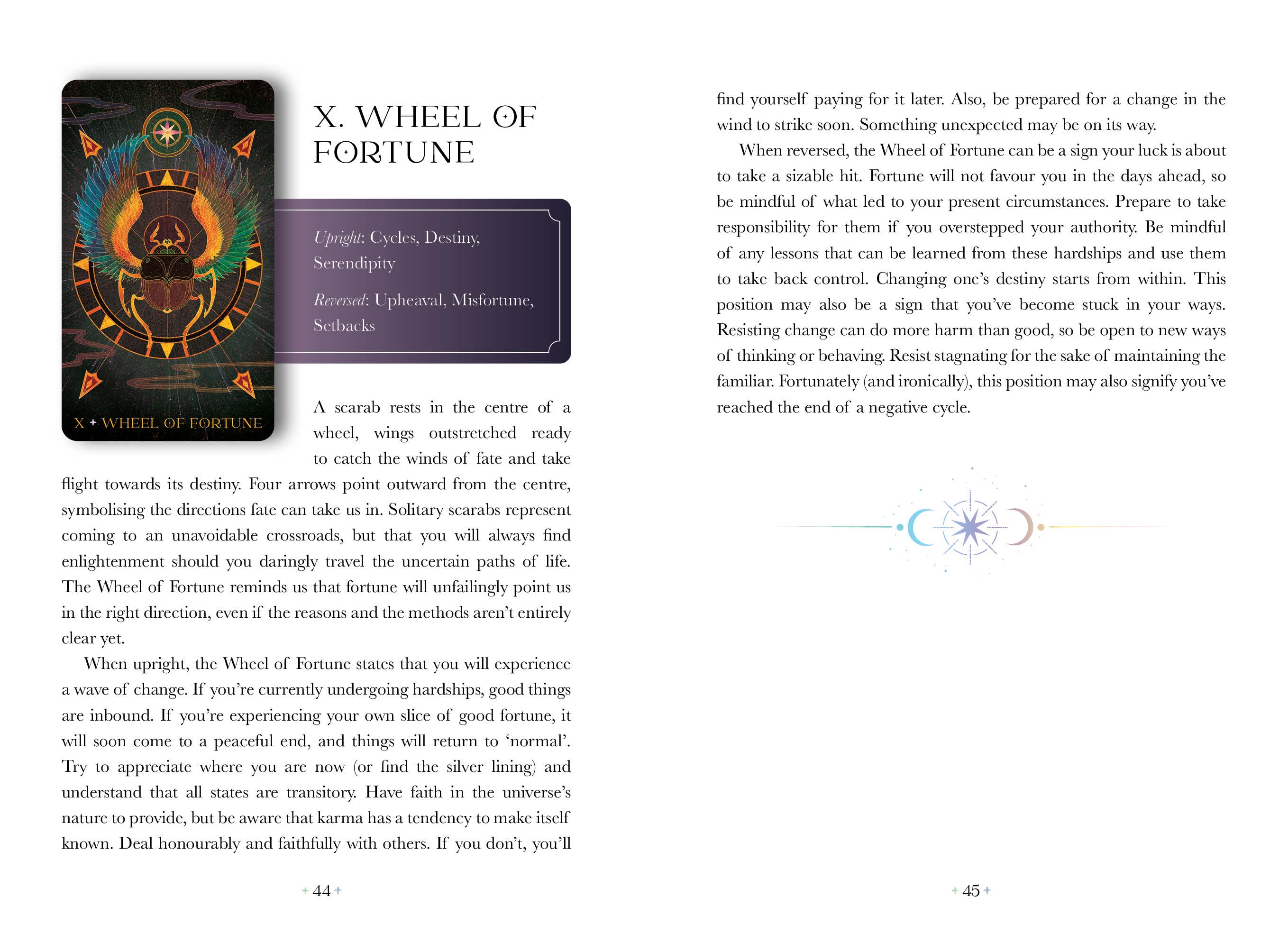 Book page with 'Wheel of Fortune' tarot card and descriptive text