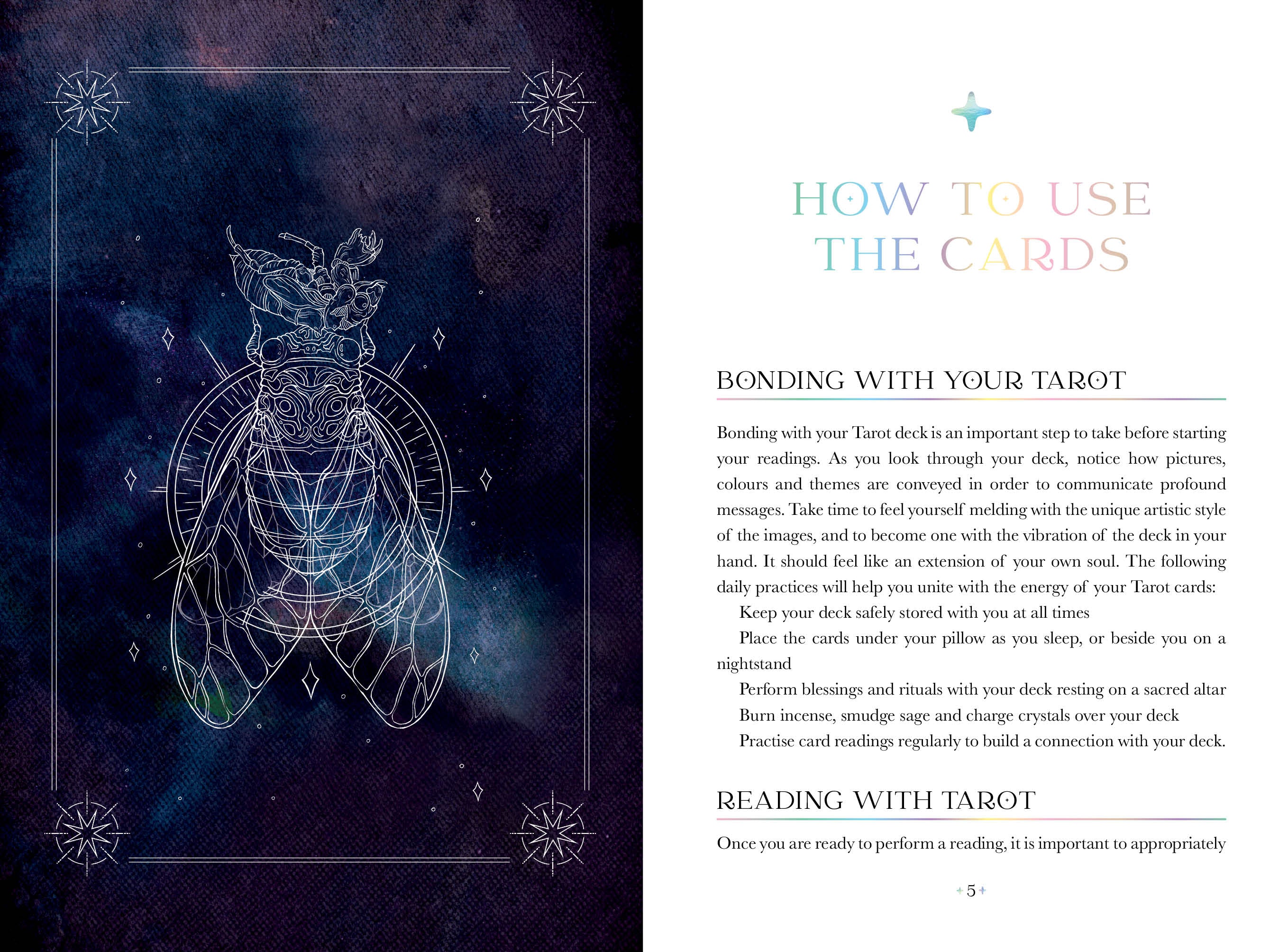 Book page with tarot card illustration and text on bonding with a Tarot deck.