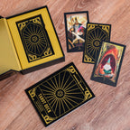 Tarot cards with a yellow box on a wooden surface