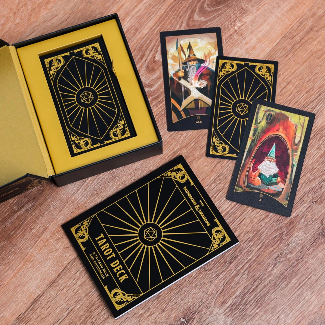Tarot cards with a yellow box on a wooden surface