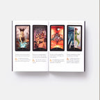 Open book with tarot card illustrations on a white background