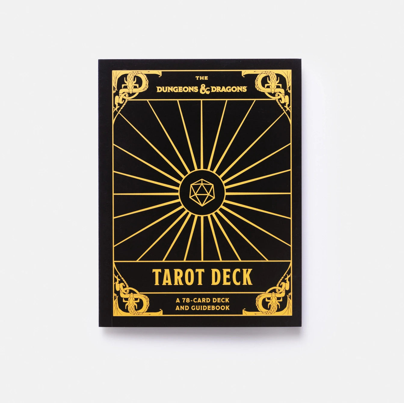 Dungeons & Dragons Tarot Deck packaging with gold design on a black background