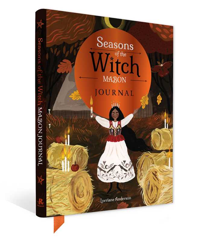 A hardcover journal titled "Seasons of the Witch Magon" by Lorriane Henderson, featuring an illustrated autumn scene with a witch in a white dress, candles, hay bales, and a large orange circle on the cover.