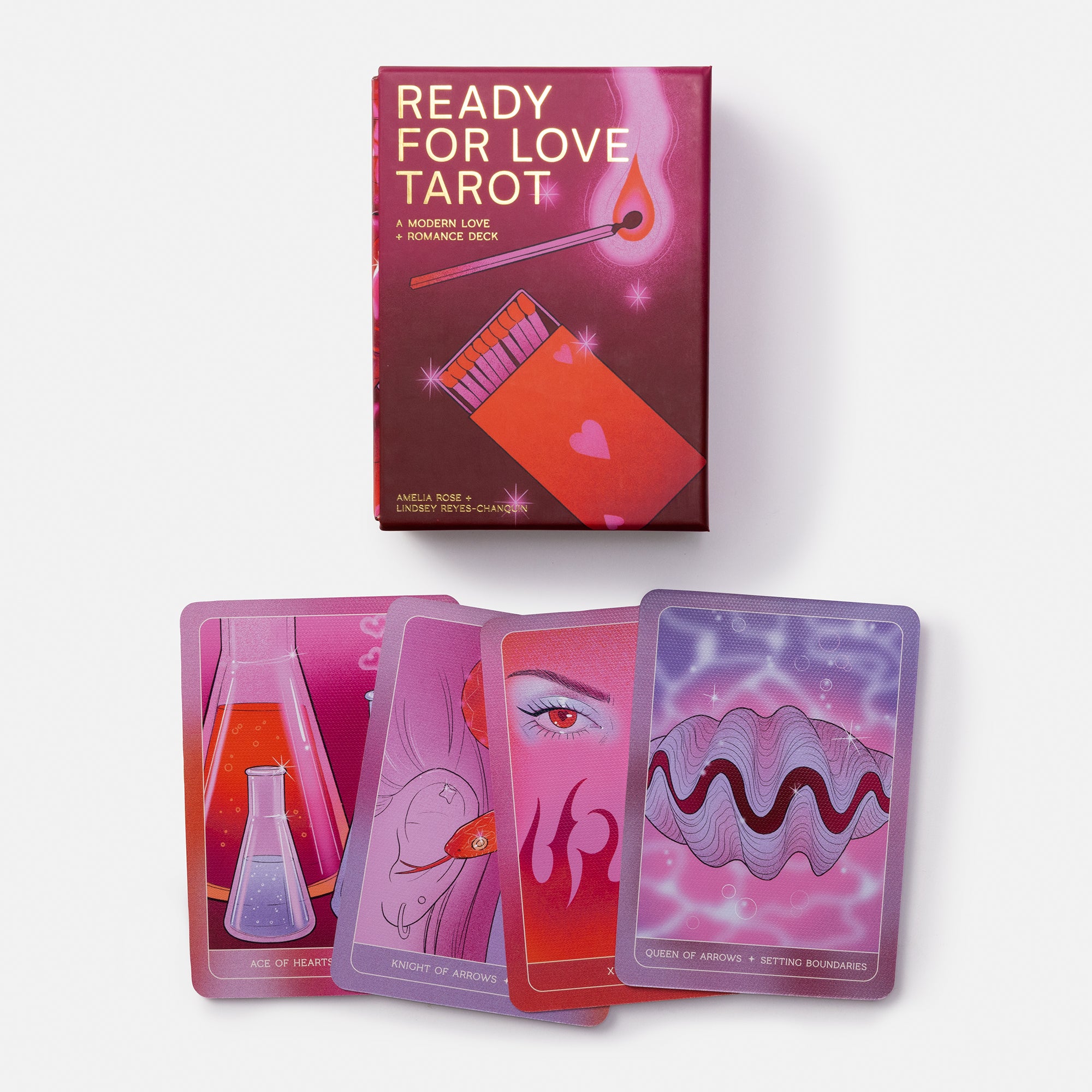 Ready for Love Tarot deck shown with its illustrated box and several fanned cards below on a clean white background.