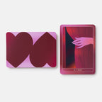 Two pink and red illustrated cards on a light gray background, one showing overlapping heart shapes and the other showing a hand behind red curtains with the text 'X + TRUTH' at the bottom.