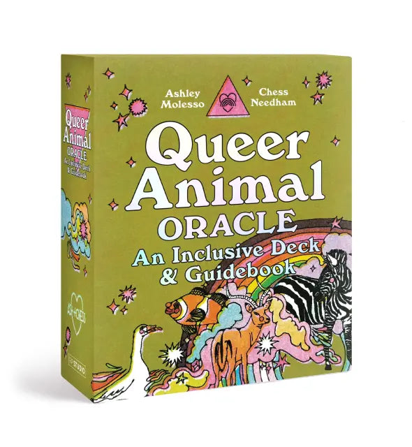 Queer Animal Oracle box with colorful illustrations of animals on a green background