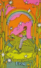 Colorful illustration of a child riding a frog with a rainbow and stars in the background.