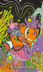 Colorful illustration of a person riding a clownfish among sea anemones and coral.