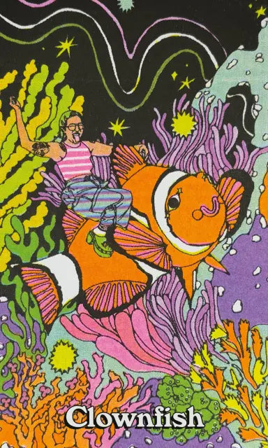 Colorful illustration of a person riding a clownfish among sea anemones and coral.