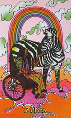 Colorful illustration of a zebra and a person with a rainbow in the background